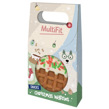 MultiFit-Snackbox mit der Aufschrift 'SNACKS, Christmas Waffles', zeigt Waffel-Leckerli mit Zuckerguss, Streuseln und einem illustrativen Hund.