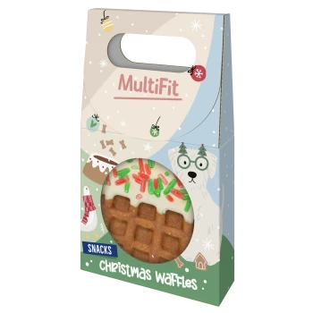 MultiFit-Snackbox mit der Aufschrift 'SNACKS, Christmas Waffles', zeigt Waffel-Leckerli mit Zuckerguss, Streuseln und einem illustrativen Hund.