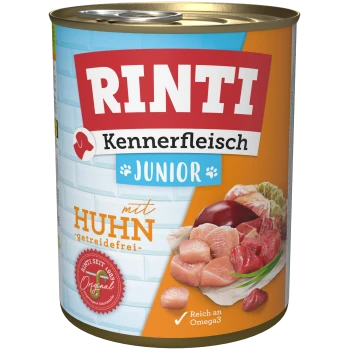 Rinti Kennerfleisch Junior blikvoeding voor honden met kip, graanvrij, met verschillende vleessoorten op het etiket, en "Reich an Omega3."