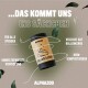 Schwarze Rolle mit biologisch abbaubaren Hundekotbeuteln, beschriftet mit "pupsäckchen" von Alphazoo, mit Text, der umweltfreundliche Verpackung und Kompostierbarkeit hervorhebt.