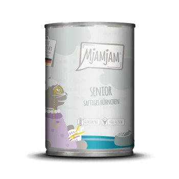 Nassfutter Katze Senior 6x400 g Huhn Dose Mjamjam Senior-Hundefutter mit einem Cartoon-Hund in einem lila Kleid, beschriftet mit "Senior Saftiges Hühnchen," getreidefrei, hoher Fleischanteil.