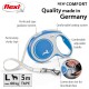 Blue flexi dog leash with a comfortable adjustable handle, sturdy tape, and a braking system, labeled "Quality made in Germany."