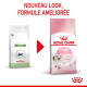 « NOUVEAU LOOK, FORMULE AMÉLIORÉE » au-dessus de deux sacs Royal Canin : ancien « Pediatric Growth » à gauche, nouveau rose « Kitten Jusqu'à 12 mois » à droite