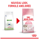 « NOUVEAU LOOK, FORMULE AMÉLIORÉE » au-dessus de deux sacs Royal Canin : ancien « Pediatric Growth » à gauche, nouveau rose « Kitten Jusqu'à 12 mois » à droite