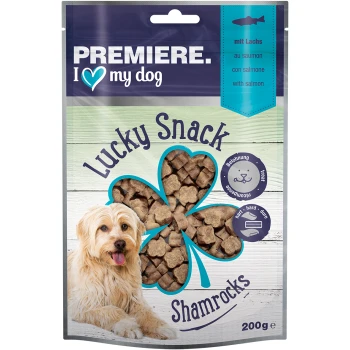 Premiere I Love My Dog Lucky Snack Shamrocks hondenkoekjes, met een klavervorm, met zalm als hoofdingrediënt, 200g verpakking.