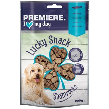 Premiere I Love My Dog Lucky Snack Shamrocks hondenkoekjes, met een klavervorm, met zalm als hoofdingrediënt, 200g verpakking.