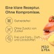 Bild, das Milo & Mia Tiernahrung bewirbt, mit glutenfreien, zuckerfreien und zusatzstofffreien Eigenschaften, und Bildern von Lachs, Tomaten und Reis.