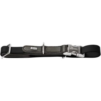 Schwarzes verstellbares Hundehalsband mit grau gepolstertem Lederbesatz, silberner Metallschnalle und D-Ring, Schnalle mit Gravur HUNTER