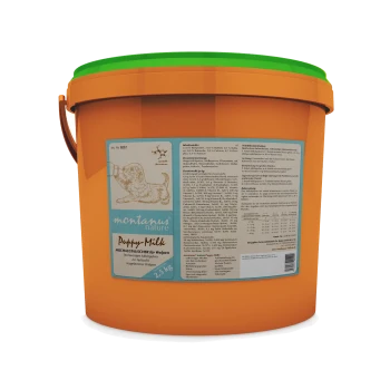 Oranger Eimer mit "Welpenmilch" für Welpen, 2,5 kg, mit Nährwertangaben und Zutaten auf dem Etikett.