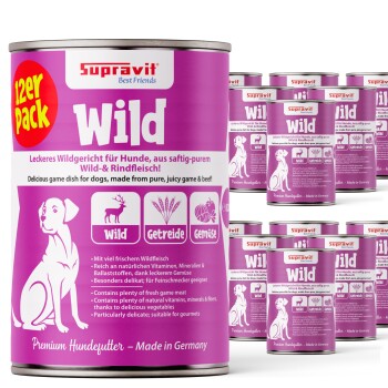 Dosen von Supravit Wild Premium-Hundefutter mit Wild, Rind, Pasta und Gemüse, beschriftet auf Deutsch und Englisch.