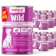 Dosen von Supravit Wild Premium-Hundefutter mit Wild, Rind, Pasta und Gemüse, beschriftet auf Deutsch und Englisch.