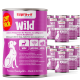 Dosen von Supravit Wild Premium-Hundefutter mit Wild, Rind, Pasta und Gemüse, beschriftet auf Deutsch und Englisch.