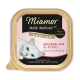 Miamor Milde Mahlzeit Senior Katzenfutterverpackung mit einer weißen Katze mit blauen Augen, beschriftet mit "Geflügel pur & Rind" und angereichert mit Vitaminen.