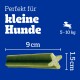 Grüner Hundesnack für kleine Hunde, misst 9 cm x 1,5 cm, mit dem Text "Perfekt für kleine Hunde" und einem Hundesymbol, geeignet für Hunde von 5-10 kg.