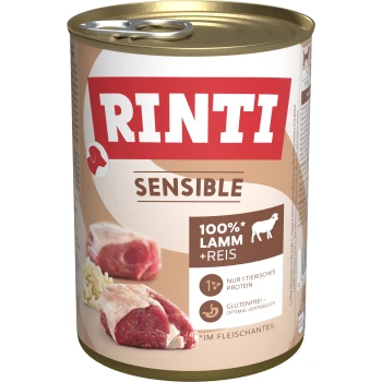 Sensible Nassfutter Hund, Adult, Dose 12x400 g Lamm und Reis Rinti Sensible Hundefutterdose, die 100% Lamm und Reis enthält, mit einem glutenfreien Etikett und Bildern von Fleischstücken auf der Vorderseite.