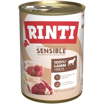 Rinti Sensible Hundefutterdose, die 100% Lamm und Reis enthält, mit einem glutenfreien Etikett und Bildern von Fleischstücken auf der Vorderseite.