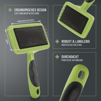 Grüne ergonomische Haustierpflegebürste mit Edelstahlborsten, mit Abmessungen von 8,5 cm x 4,5 cm und einem Aufhängeloch.