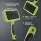 Grüne ergonomische Haustierpflegebürste mit Edelstahlborsten, mit Abmessungen von 8,5 cm x 4,5 cm und einem Aufhängeloch.