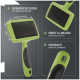 Grüne ergonomische Haustierpflegebürste mit Edelstahlborsten, mit Abmessungen von 8,5 cm x 4,5 cm und einem Aufhängeloch.