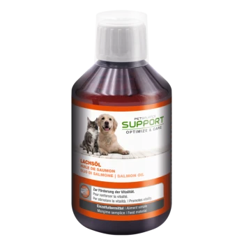 Bottle of Petbalance Support Salmon Oil for pets, featuring a dog and cat on the label, with text promoting vitality and care.