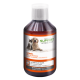 Flasche mit Petbalance Support Lachsöl für Haustiere, mit einem Hund und einer Katze auf dem Etikett, mit Text, der Vitalität und Pflege fördert.
