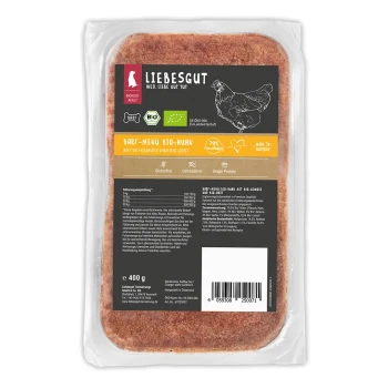 Verpackte 400 g LIEBESGUT BARF‑MENÜ BIO‑HUHN Rohfutter-Schale mit Hühnerillustration und Etiketten