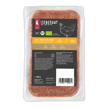Verpackte 400 g LIEBESGUT BARF‑MENÜ BIO‑HUHN Rohfutter-Schale mit Hühnerillustration und Etiketten