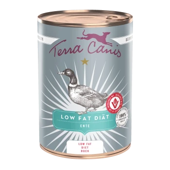 Dose Terra Canis Hundefutter, graues Sternchen-Etikett mit Entenillustration und Text „Low Fat Diät Ente / Low Fat Diet Duck“