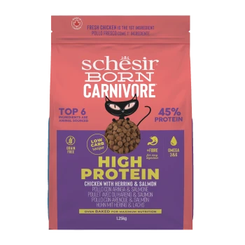 schesir Born Carnivore high protein cat food with chicken, herring & salmon, 45% protein, grain free, 1.25kg bag