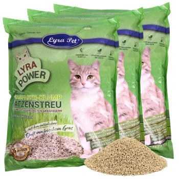 Drei Säcke Lyra Pet Katzenstreu, beschriftet mit "LYRA POWER", mit einem grünen Design und einem Haufen Streu davor.