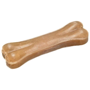 Ein kaubares Hundeknochen-Leckerli, hellbraun, geformt wie ein klassisches Knochen mit abgerundeten Enden, ideal für den Genuss von Haustieren.