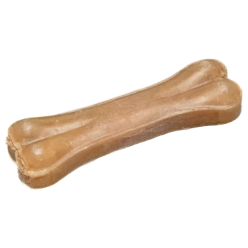 Ein kaubares Hundeknochen-Leckerli, hellbraun, geformt wie ein klassisches Knochen mit abgerundeten Enden, ideal für den Genuss von Haustieren.