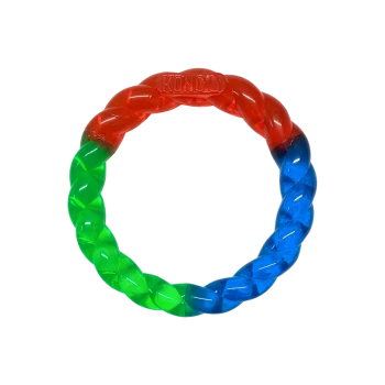 KONG braided ring dog toy, translucent red/green/blue rubber with embossed "KONG" logo