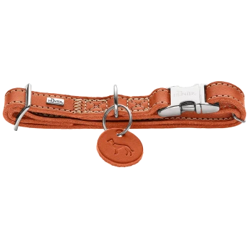Oranges Lederhalsband mit Metallverschluss und D-Ring, runde Ledermarke mit eingeprägter Hundesilhouette und 'HUNTER'-Logo.