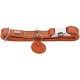 Oranges Lederhalsband mit Metallverschluss und D-Ring, runde Ledermarke mit eingeprägter Hundesilhouette und 'HUNTER'-Logo.