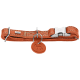 Oranges Lederhalsband mit Metallverschluss und D-Ring, runde Ledermarke mit eingeprägter Hundesilhouette und 'HUNTER'-Logo.