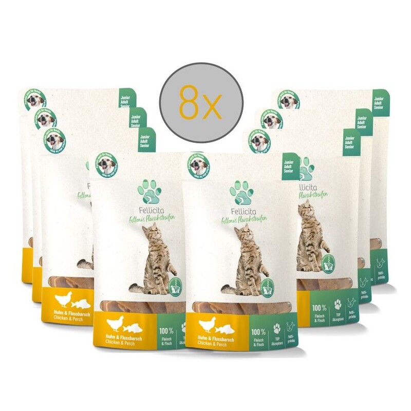 Fellicita Huhn & Flussbarsch Fleischstreifen 8x 50g Fellonis Katzensnacks