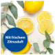 Frische Zitronen und grüne Blätter auf einer Holzoberfläche, mit einem blauen Kreis, der 'Mit frischem Zitrusduft' angibt.