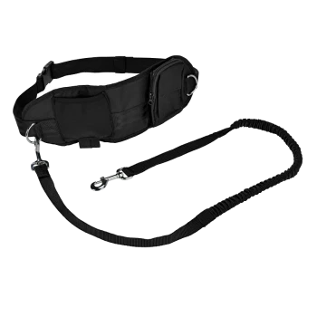 Schwarzer Hundetraininggürtel mit Taschen und einer Bungee-Leinenbefestigung, entworfen für freihändiges Gehen oder Laufen mit Hunden.