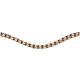 Ein stilvolles schwarzes Haustierhalsband, verziert mit funkelnden goldenen Strasssteinen, elegant gekrümmt vor einem weißen Hintergrund.