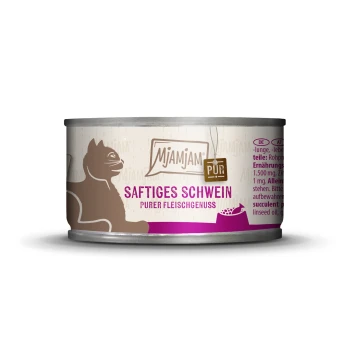 Blik kattenvoer met een label dat 'Mjamjam Pur Saftiges Schwein - Purer Fleischgenuss' leest, met een silhouet van een kat.