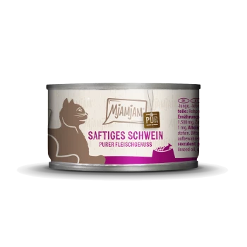 Blik kattenvoer met een label dat 'Mjamjam Pur Saftiges Schwein - Purer Fleischgenuss' leest, met een silhouet van een kat.