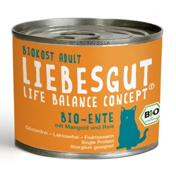 Dosenfutter für Katzen mit der Aufschrift "Liebesgut Biokost Adult" in orangefarbener Verpackung, mit "BIO-ENTE mit Mangold und Reis" und Allergeninformationen.