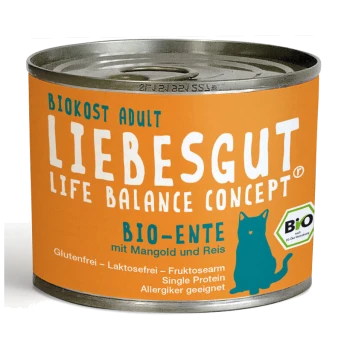 Dosenfutter für Katzen mit der Aufschrift "Liebesgut Biokost Adult" in orangefarbener Verpackung, mit "BIO-ENTE mit Mangold und Reis" und Allergeninformationen.
