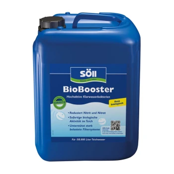 Niebieski pojemnik Söll BioBooster, biologiczny środek do uzdatniania wody w stawach, redukuje azotyny i azotany, wspiera systemy filtracyjne.