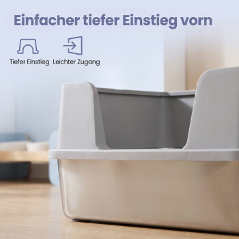 Beige-graue Katzentoilette mit niedrigem Fronteingang; sichtbarer Text: „Einfacher tiefer Einstieg vorn“ und „Tiefer Einstieg Leichter Zugang“.