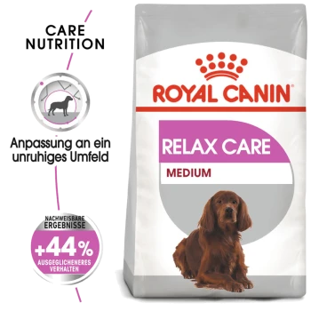 Royal Canin Relax Care Medium Hundefutterbeutel, mit einer Hundillustration, mit Text, der die Pflegeernährung hervorhebt und einen Anspruch auf +44% ausgewogenes Verhalten hat.