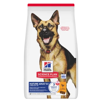 Sac de nourriture pour chiens Hill's Science Plan Mature Adult 6+ avec un Berger Allemand et texte sur les bienfaits et la saveur poulet.