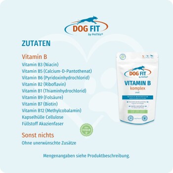 DOG FIT Vitamin B komplex Beutel mit deutscher Zutatenliste (Vitamine B1, B2, B3, B5, B6, B7, B9, B12) und 100% vegan-Siegel.