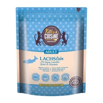 Katzenfutterverpackung mit der Bezeichnung "Kitty's Cuisine", die "LACHSliebe" mit Lachs, Spinat und Chiasamen zeigt, mit 66% frischem Lachs.